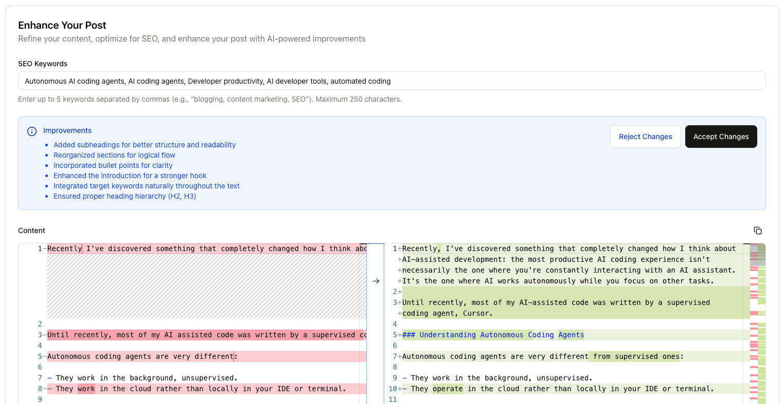 Screenshot showing the AI enhancement process with SEO keywords input, improvements summary, and content diff view
